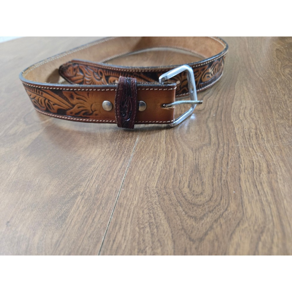 Western‎ Tooled Leather Belt Silver Buckle Size 32 Brown